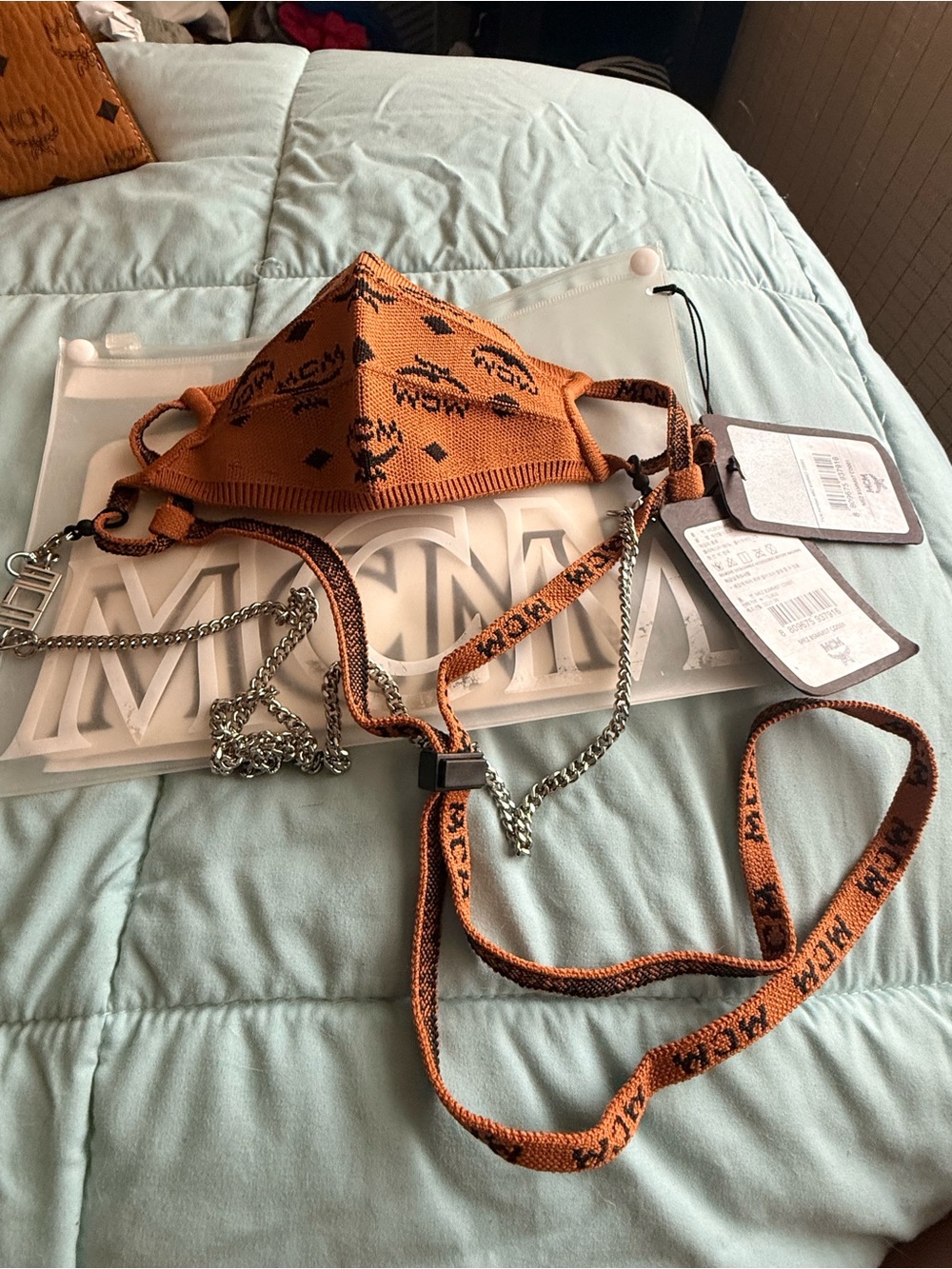 Cognac MCM Logo Knit Face Mask with Chain Strap